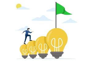 concept of leadership or challenge and achievement, Successful businessman will reach the top of the light bulb ladder to reach the victory flag. Fearless successful businesswoman. vector illustration