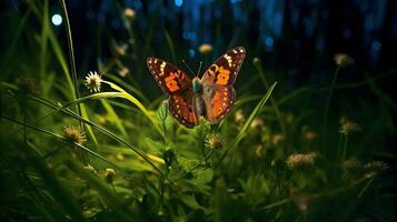 ai generado mariposa en el césped prado a noche generativo ai foto