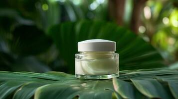 AI generated Cream skincare in a jar product on a green tropical leaf with copy space Generative AI photo