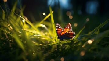 ai generado mariposa en el césped prado a noche generativo ai foto