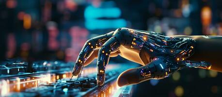 AI generated AI, Machine learning, Hand of robot touching on big data network photo