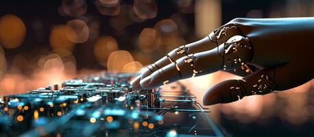 AI generated AI, Machine learning, Hand of robot touching on big data network photo