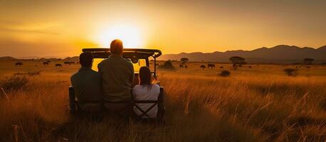 ai generado un Pareja en un safari sentado fauna silvestre en el antecedentes puesta de sol foto