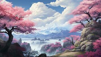 AI generated Beautiful fantasy spring nature landscape and cherry blossom tree animated background in japanese anime watercolor Generative AI photo