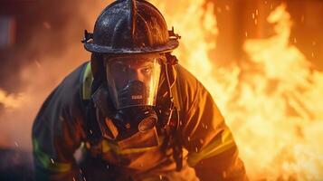 AI generated Firefighter works in burning building fireman on flame background Generative AI photo