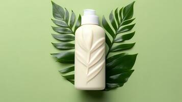 AI generated Blank white lotion product with summer leaf at color background for mockup Generative AI photo