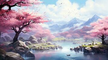 AI generated Beautiful fantasy spring nature landscape and cherry blossom tree animated background in japanese anime watercolor Generative AI photo