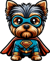 AI generated Yorkshire Terrier Superhero illustration. You will be able to create your own t-shirts, poster, cards, stickers, mugs, pillows, scrapbooks, postcards, vinyl decals, artwork, and more. png