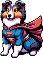 AI generated Shetland Sheepdog Superhero illustration. You will be able to create your own t-shirts, poster, cards, stickers, mugs, pillows, scrapbooks, postcards, vinyl decals, artwork, and more. png