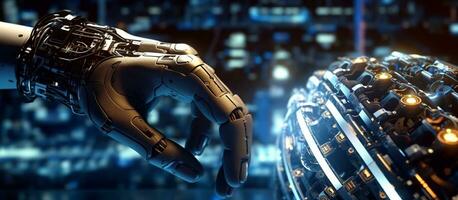 AI generated AI, Machine learning, Hand of robot touching on big data network photo