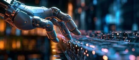 AI generated AI, Machine learning, Hand of robot touching on big data network photo