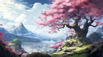 ai generado hermosa fantasía primavera naturaleza paisaje y Cereza florecer árbol animado antecedentes en japonés anime acuarela generativo ai foto