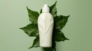 AI generated Blank white lotion product with summer leaf at color background for mockup Generative AI photo