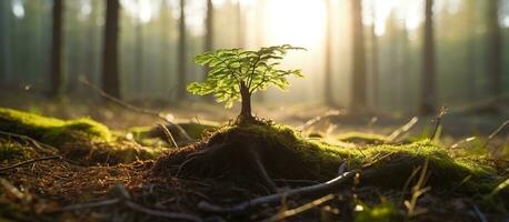 ai generado joven árbol emergente desde antiguo árbol tocón con Brillo Solar foto