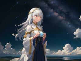 AI generated Anime Character with Starry Sky and Celestial Star Visual Novel Background photo