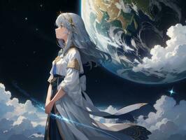 AI generated Anime Character with Starry Sky and Celestial Star Visual Novel Background photo