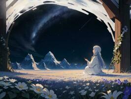 AI generated Anime Character with Starry Sky and Celestial Star Visual Novel Background photo