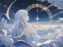 ai generado anime personaje con estrellado cielo y celestial estrella visual novela antecedentes foto