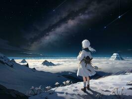 AI generated Anime Character with Starry Sky and Celestial Star Visual Novel Background photo