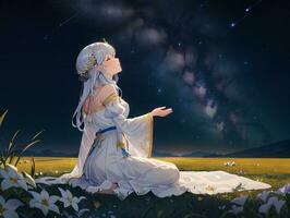 AI generated Anime Character with Starry Sky and Celestial Star Visual Novel Background photo