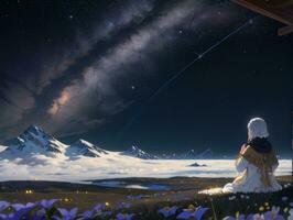 AI generated Anime Character with Starry Sky and Celestial Star Visual Novel Background photo
