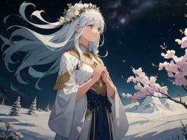 AI generated Anime Character with Starry Sky and Celestial Star Visual Novel Background photo
