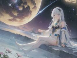 AI generated Anime Character with Starry Sky and Celestial Star Visual Novel Background photo