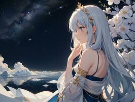 AI generated Anime Character with Starry Sky and Celestial Star Visual Novel Background photo