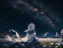 AI generated Anime Character with Starry Sky and Celestial Star Visual Novel Background photo