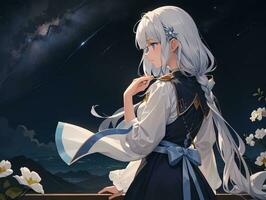 AI generated Anime Character with Starry Sky and Celestial Star Visual Novel Background photo