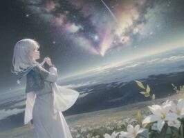 AI generated Anime Character with Starry Sky and Celestial Star Visual Novel Background photo