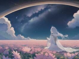 AI generated Anime Character with Starry Sky and Celestial Star Visual Novel Background photo
