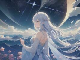 AI generated Anime Character with Starry Sky and Celestial Star Visual Novel Background photo