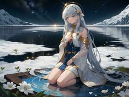 AI generated Anime Character with Starry Sky and Celestial Star Visual Novel Background photo