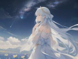 AI generated Anime Character with Starry Sky and Celestial Star Visual Novel Background photo