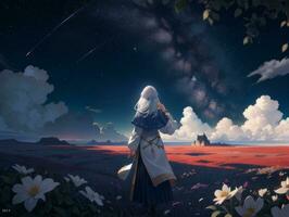 AI generated Anime Character with Starry Sky and Celestial Star Visual Novel Background photo