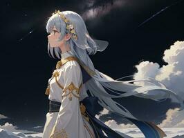 AI generated Anime Character with Starry Sky and Celestial Star Visual Novel Background photo