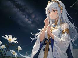 AI generated Anime Character with Starry Sky and Celestial Star Visual Novel Background photo
