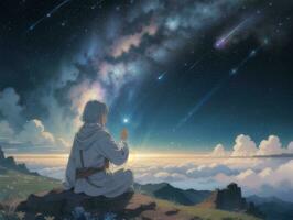 AI generated Anime Character with Starry Sky and Celestial Star Visual Novel Background photo