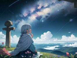 AI generated Anime Character with Starry Sky and Celestial Star Visual Novel Background photo