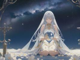 AI generated Anime Character with Starry Sky and Celestial Star Visual Novel Background photo
