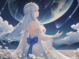 AI generated Anime Character with Starry Sky and Celestial Star Visual Novel Background photo