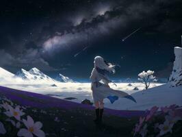 AI generated Anime Character with Starry Sky and Celestial Star Visual Novel Background photo