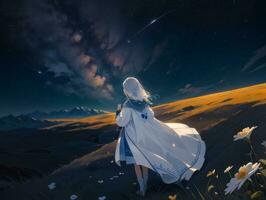 AI generated Anime Character with Starry Sky and Celestial Star Visual Novel Background photo