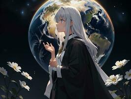 AI generated Anime Character with Starry Sky and Celestial Star Visual Novel Background photo