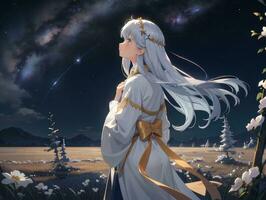 AI generated Anime Character with Starry Sky and Celestial Star Visual Novel Background photo