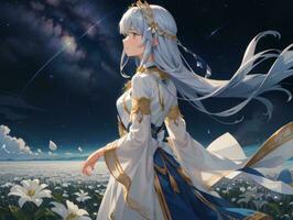 AI generated Anime Character with Starry Sky and Celestial Star Visual Novel Background photo