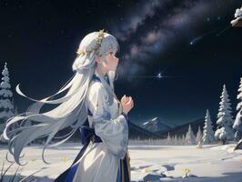 AI generated Anime Character with Starry Sky and Celestial Star Visual Novel Background photo