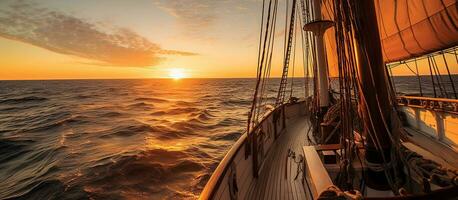 AI generated Sailing ship at sea with a panoramic view of the sunset photo