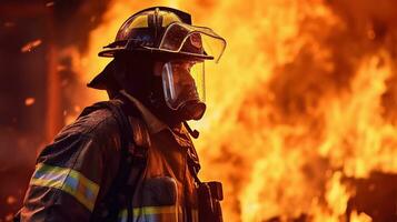 ai generado bombero trabajos en ardiente edificio bombero en fuego antecedentes generativo ai foto